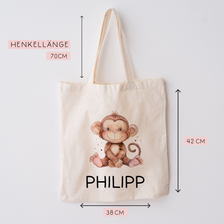 Personalisierter Turnbeutel mit einem Affe | mit Wunschnamen | Tierkinder | Rucksack für Schule, Kindergarten, KITA und KIGA - Wäschebeutel