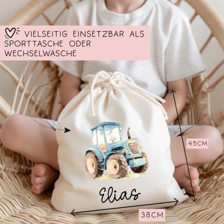 Personalisierte Stofftasche Traktor Blau Name - Kinder Beutel Kindertasche mit Wunschname - Wechselwäsche - Wechselkleidung - Tragetasche
