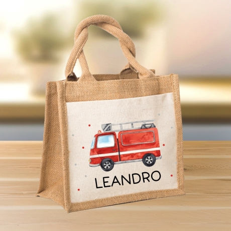 Feuerwehrwagen Pocket Tasche Wunschnamen | 100% Jute | Feuerwehrauto Löschfahrzeug | Geschenk zum Geburtstag, Nikolaus, Weihnachten Ostern