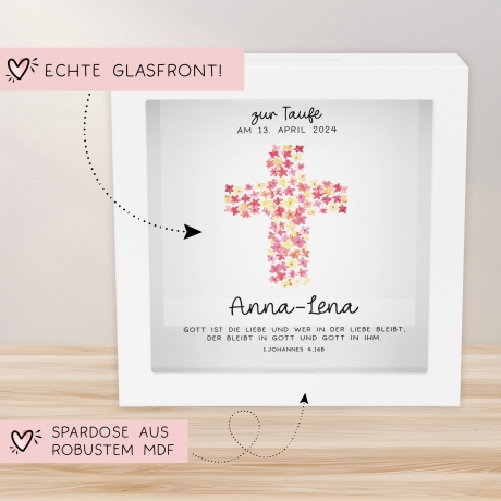 Kreuz Pink Holz Spardose Taufe personalisiert mit Namen zur Geburt Kommunion Konfirmation eines Kindes mit Taufspruch als Geldgeschenk