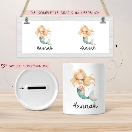 Spardose Meerjungfrau Personalisiert mit Name oder Wunschnamen für Mädchen aus Keramik. Geschenk Taufe, Geburtstag od. Weihnachten - 06