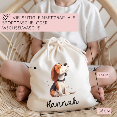 Personalisierte Stofftasche Beagle Hund Name - Kinder Beutel Kindertasche mit Wunschname - Wechselwäsche, Schmutzwäsche - Wechselkleidung