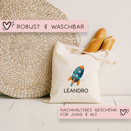 Rakete Personalisiert Stofftasche - Einkaufstasche Kinder-Beutel mit Namen als Sporttasche, Tragetasche Wechselwäsche für Kita Schule - 04