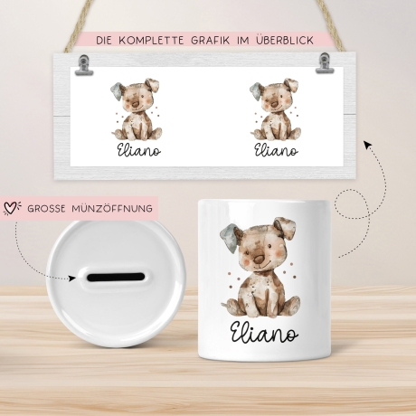 Personalisierte Kinder Spardose Hund Tier mit Namen optional mit Datum - Braun - Geschenk für Junge & Mädchen zum Geburtstag Weihnachten