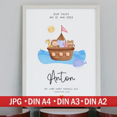 Personalisiertes Poster zur Taufe mit eigenen Namen und Taufspruch Arche Noah | Taufposter| Geschenk zur Taufe | Geschenk für Patenkind