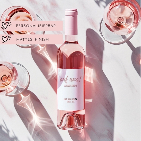 Weinetikett mit Namen, auf uns und das Leben, Wunschname Etikett, Geburtstagsgeschenk für Weinliebhaber - Rosa