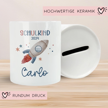 Schulkind 2024 Spardose für Kinder Personalisiert Rakete Weltraum mit Namen - Blau - Geschenk für Junge & Mädchen zur Einschulung