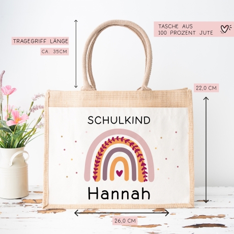 Geschenkidee zur Einschulung Tasche Regenbogen Schulkind mit Wunschnamen | Jute Pocket | Personalisiert | Geschenktasche für Schulanfang