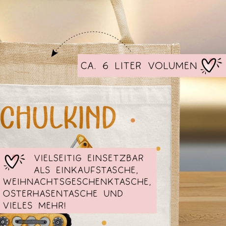 Bagger Schulkind 2024 Pocket Tasche mit Wunschnamen | 100% Jute | Schaufelbagger Baustelle | Geschenk Einschulung | Schultüte personalisiert