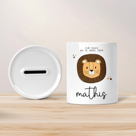 Personalisierte Spardose zur Taufe Motiv: Löwe - mit Namen personalisiert-Geschenk für Jungen & Mädchen zur Kommunion, Konfirmation, Firmung