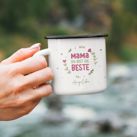 Personalisierter Emaille-Becher/Tasse zum Muttertag: Mama, du bist die Beste mit [Wunschname].Ein Geschenk für Geburtstag oder Dankeschön.