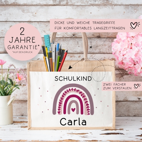 Einschulung - Personalisierte Jute Pocket Tasche | mit Wunschnamen | Schulkind Regenbogen Herz | Lila | als Geschenktasche für Schulanfang