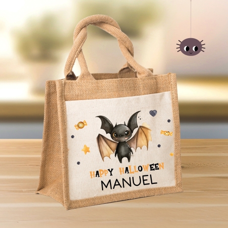 Halloween Tasche mit Wunschname | Beutel mit Fledermaus und Name | Happy Halloween | Tragetasche für Kinder für Süßigkeiten an Halloween