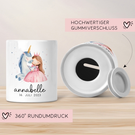 Spardose Einhorn & Prinzessin Blau Name Personalisiert für Mädchen zum Geburtstag, Taufe Kommunion Firmung Konfirmation, Weihnachten