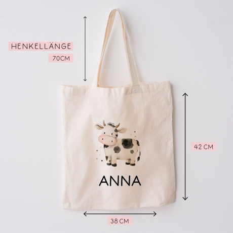 Stofftasche Kuh mit Namen personalisiert Kinder-Beutel als Sporttasche, Wechselwäsche, Stoffbeutel - Kita, Kiga, Schule & Kindergarten