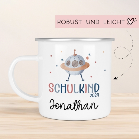 Schulanfang  Ufo Weltraum Kindertasse Schulkind Name Emaille Tasse Kind Kindergeschirr personalisiert Kinder Geschenk
