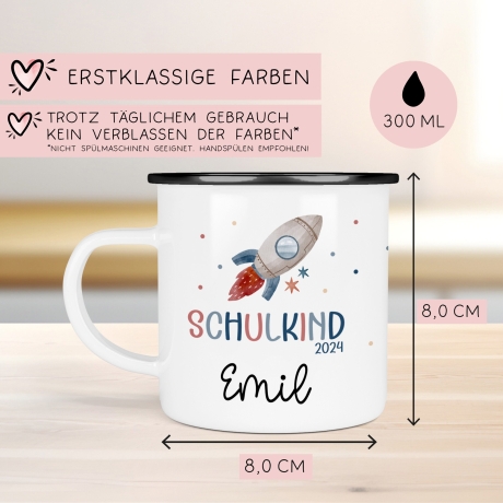 Schulanfang Schulkind 2024 Emaille-Tasse | Personalisiert mit Wunschnamen | Kindertasse zur Einschulung | Astronaut mit Rakete-Motiv