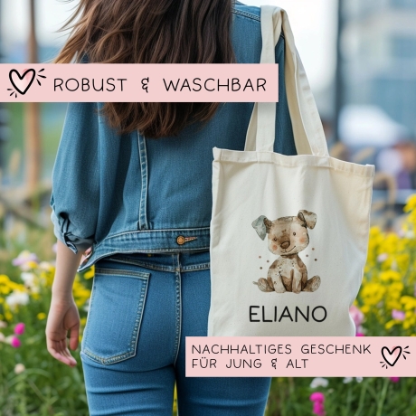 Kinder-Beutel mit Namen personalisiert - Hund - Stofftasche als Sporttasche, Wechselwäsche, Tragetasche - Kita, Kiga, Schule & Kindergarten