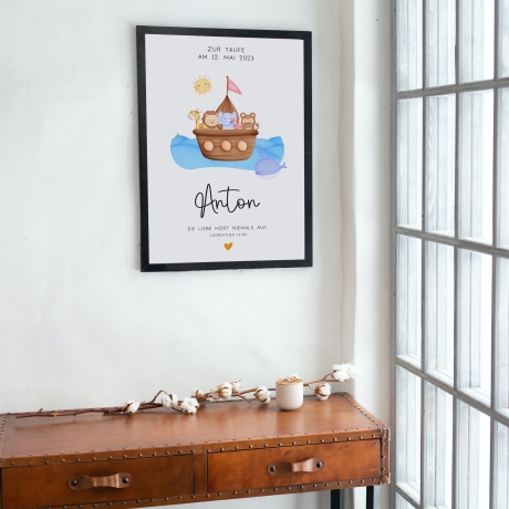 Personalisiertes Poster zur Taufe mit eigenen Namen und Taufspruch Arche Noah | Taufposter| Geschenk zur Taufe | Geschenk für Patenkind