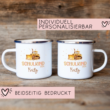Schulanfang  Schulkind 2024 Emaille Kindertasse, Wunschnamen Bagger Motiv, Personalisierte Einschulung Geschenk