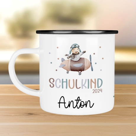 Schulanfang  Kindertasse Schulkind mit Flugzeug-Motiv - personalisierte Emaille-Tasse mit Namen - ideales Kindergeschirr