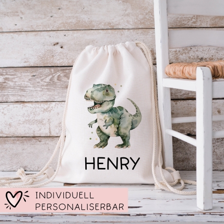 Tyrannosaurus Rex Turnbeutel Dino Dinosaurier Personalisiert mit Wunschnamen | Rucksack Schule, Kindergarten, KITA, Wäschebeutel,Sportbeutel