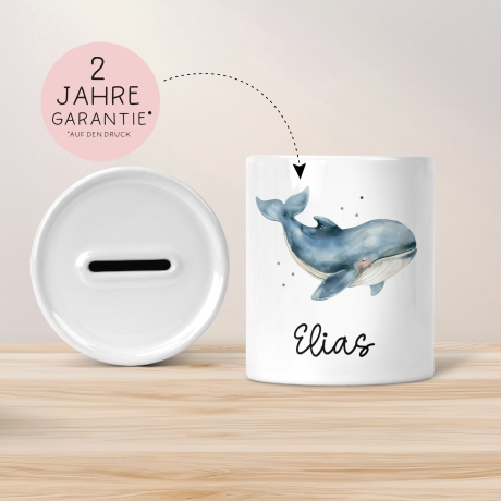 Personalisierte Kinder Spardose Wal Tier mit Namen optional mit Datum - Blau - Geschenk für Junge & Mädchen zum Geburtstag Weihnachten