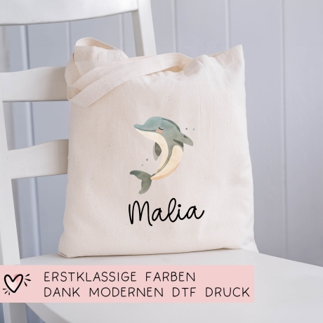 Stofftasche Delfin Delphin Personalisiert und Namen. Meer. Für Kindergarten und Schule - Wäschebeutel Wechselwäsche KITA | Mädchen & Junge