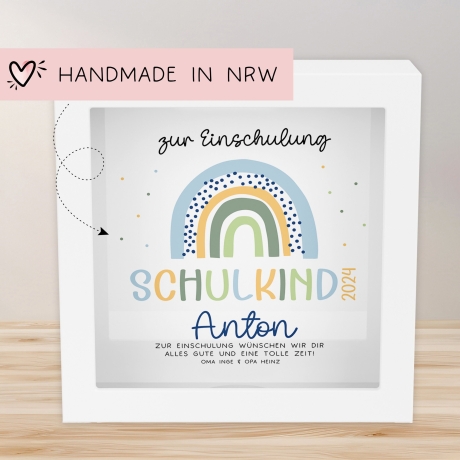 Spardose Regenbogen Blau Boho Schulkind 2024 Einschulung mit Wunschname Name Kind personalisiert Kinder mit optionalen Wunschtext