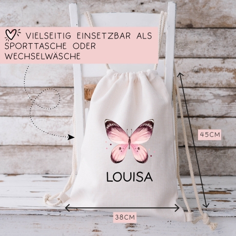 Rosa Schmetterling Stoff Tasche Personalisiert und Namen. Für Kindergarten und Schule - Wäschebeutel Wechselwäsche KITA | Mädchen & Junge