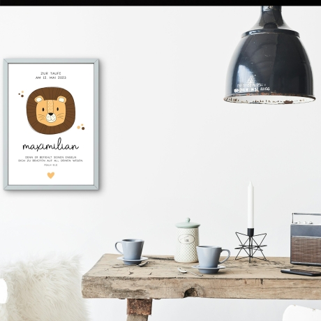 Personalisiertes Poster zur Taufe mit eigenen Namen und Taufspruch mit einem Löwen| Taufposter| Geschenk zur Taufe | Geschenk für Patenkind