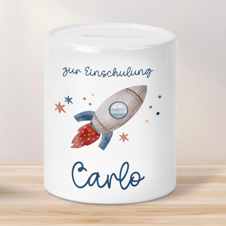 Einschulung Spardose Rakete für Kinder - Personalisiert Rakete Weltraum und Namen - Geschenk für Junge & Mädchen zur Einschulung Schule