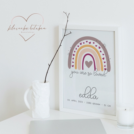 Personalisiertes Poster Geburtsposter in DIN A4 mit Regenbogen, Wunschname, Kinderzimmer Poster Name, Geschenk Baby, Geschenk zur Geburt