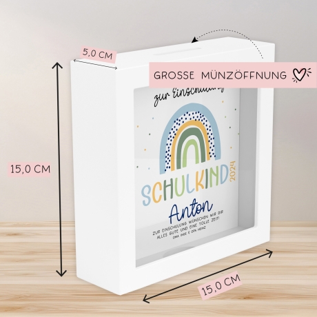 Spardose Regenbogen Blau Boho Schulkind 2024 Einschulung mit Wunschname Name Kind personalisiert Kinder mit optionalen Wunschtext