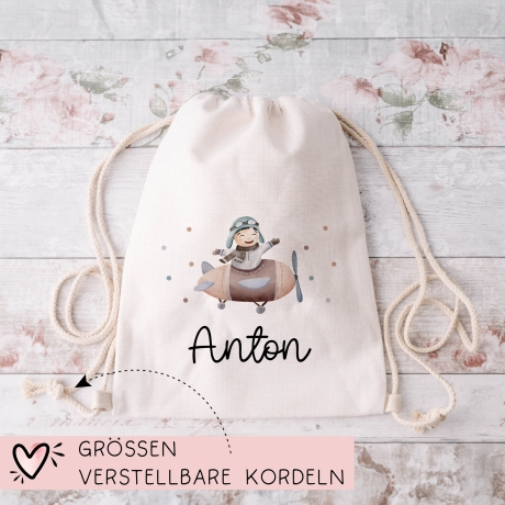 Flugzeug Turnbeutel Rucksack mit Namen - GymBag als Wäschebeutel, Sportbeutel Kinderbeutel für Schule, Kindergarten, Kita. Personalisiert