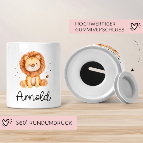 Personalisierte Kinder Spardose Löwe Tier mit Namen optional mit Datum - Gelb - Geschenk für Junge & Mädchen zum Geburtstag Weihnachten