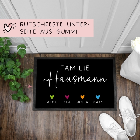 Personalisierte Fußmatte - Fussmatte mit Wunschnamen | Familie mit Herzen | 60x40 cm | Geschenkidee zum Umzug, Einzug für Familien, Umzug
