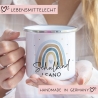 Schulkind Emaille Tasse Emaille Becher mit Namen personalisiert Regenbogen Rosa oder Blau für Jungs und Mädchen. Einschulung Geschenkidee