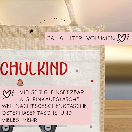 Krankenwagen Schulkind Tasche Wunschnamen 2024 | 100% Jute | RTW Rettungsfahrzeug | Geschenk Einschulung | Schultüte personalisiert | Schule