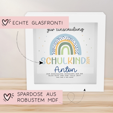 Spardose Regenbogen Blau Boho Schulkind 2024 Einschulung mit Wunschname Name Kind personalisiert Kinder mit optionalen Wunschtext
