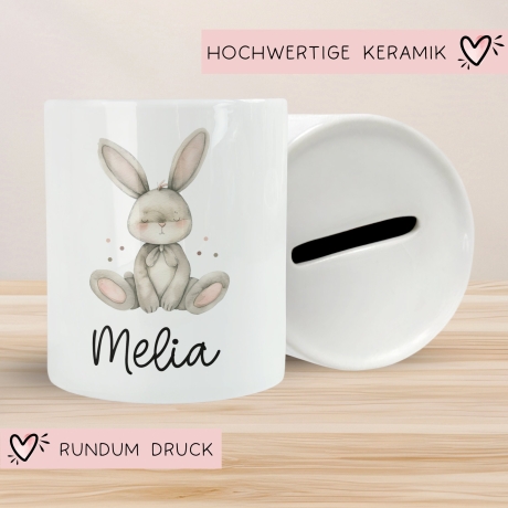 Personalisierte Kinder Spardose Hase Tier mit Namen optional mit Datum - Braun - Geschenk für Junge & Mädchen zum Geburtstag Weihnachten