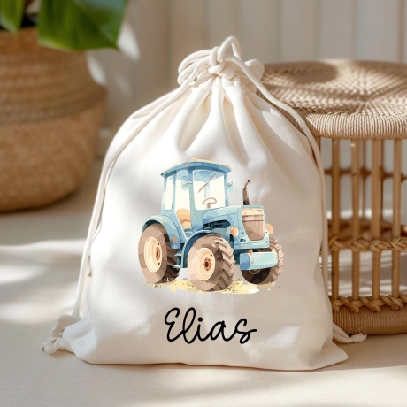 Personalisierte Stofftasche Traktor Blau Name - Kinder Beutel Kindertasche mit Wunschname - Wechselwäsche - Wechselkleidung - Tragetasche