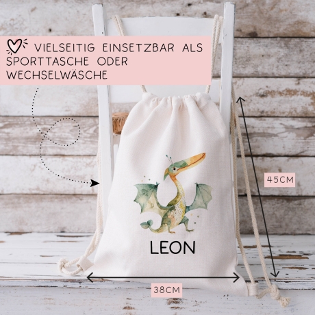 Stofftasche Tasche Dinosaurier Dino Pteranodon personalisiert Kinder-Beutel als Sporttasche, Wechselwäsche, Stoffbeutel Kita, KIGA & Schule