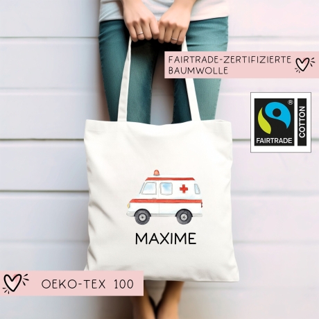 Krankenwagen Stofftasche Personalisiert mit Namen. Rettungswagen für Schule und Kindergarten - Wäschebeutel Wechselwäsche | Mädchen & Junge
