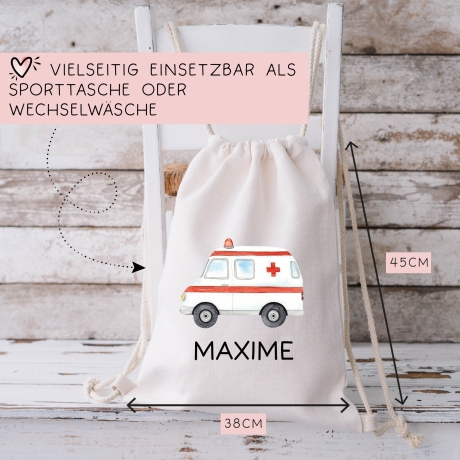 Krankenwagen Stofftasche Personalisiert mit Namen. Rettungswagen für Schule und Kindergarten - Wäschebeutel Wechselwäsche | Mädchen & Junge