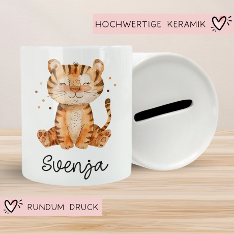 Personalisierte Kinder Spardose Tiger Tier mit Namen optional mit Datum - Gelb - Geschenk für Junge & Mädchen zum Geburtstag Weihnachten