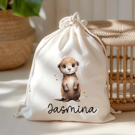 Personalisierte Stofftasche Otter Name - Kinder Beutel Kindertasche mit Wunschname - Wechselwäsche - Wechselkleidung - Tragetasche -Seeotter