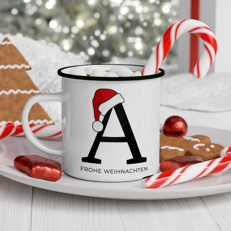 Personalisierte Emaille Tasse Weihnachten - Frohe Weihnachten - Merry Christmas - mit Anfangsbuchstabe und Wunschnamen - Nikolaus - Becher