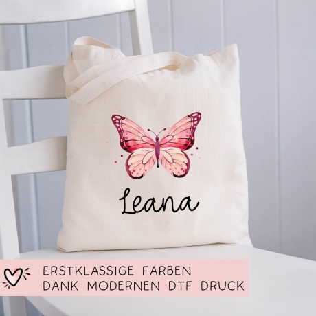 Stofftasche Schmetterling Rosa Personalisiert und Namen. Für Kindergarten und Schule - Wäschebeutel Wechselwäsche KITA | Mädchen & Junge