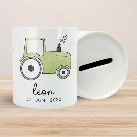 Spardose Trecker Personalisiert Traktor Grün mit Wunschname - Sparschwein -Geschenk-Geburtstag-Weihnachten-Geldgeschenk mit Wunschtext